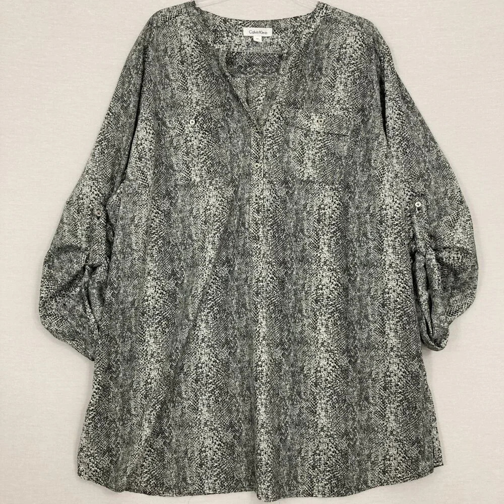 Calvin Klein Gray Animal Print V Neck Rolled Tab Pullover Tunic size 3X